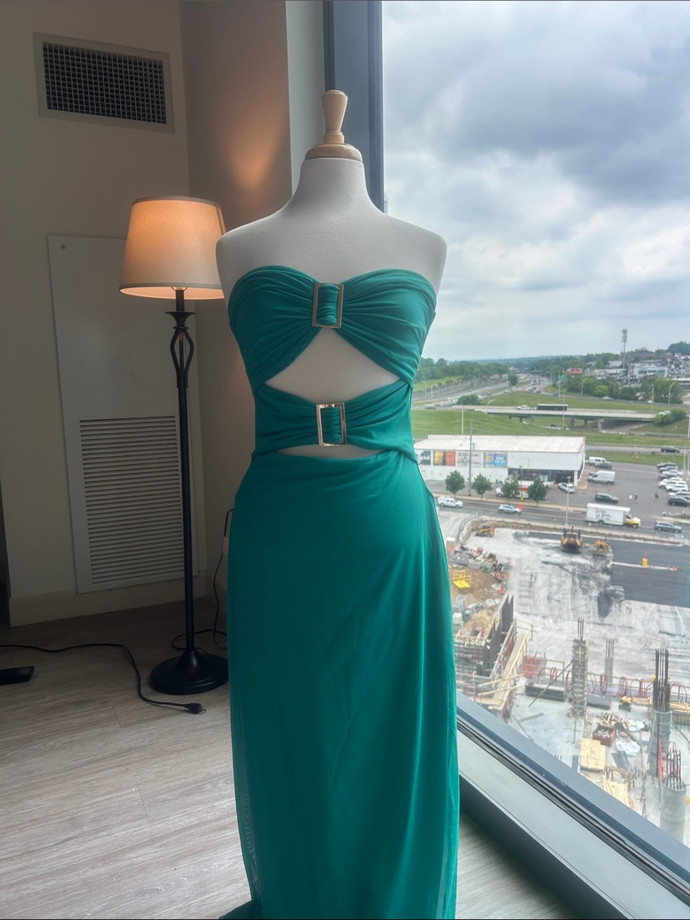 Kookai Strapless Teal Cutout Maxi Dress with Buckle Detail